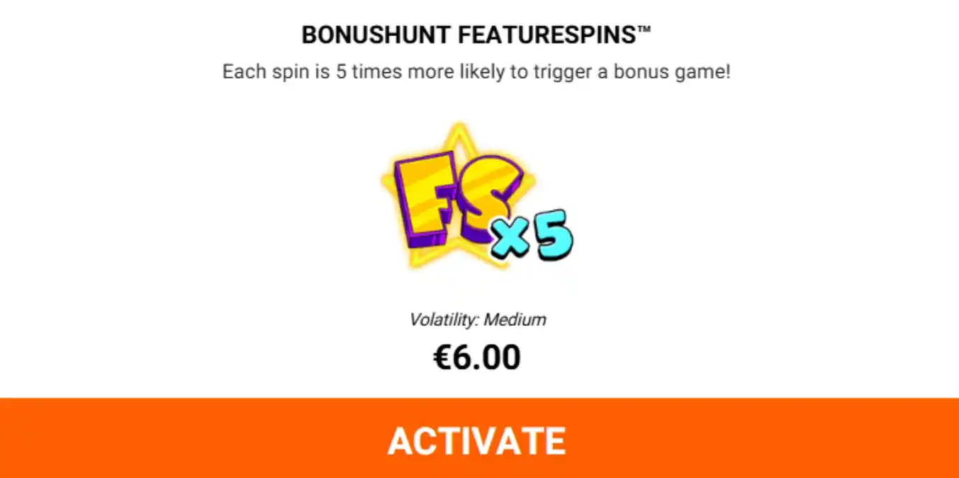 Bonushunt Featurespins-scherm met x5 multiplier en €6.00 koopoptie.