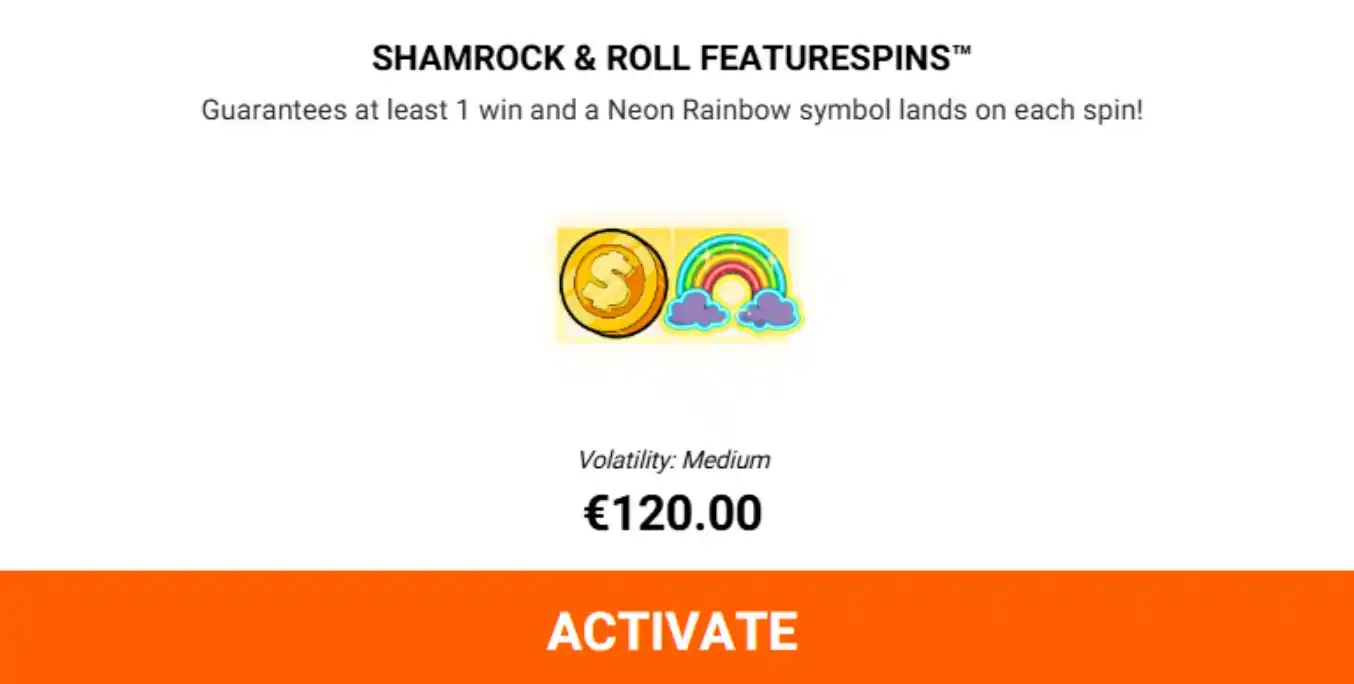 Shamrock & Roll Featurespins met regenboog en €120.00 prijs.