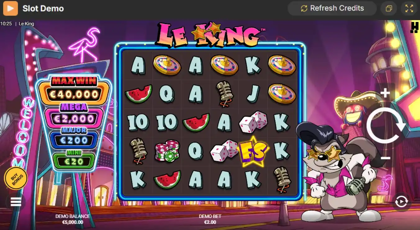 Le King slot rollen met bonussymbolen en demobalansinformatie.