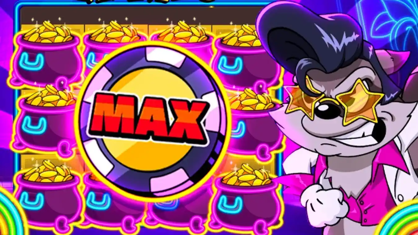 MAX-fiche met gouden potten op de achtergrond en wasbeer-ster Smokey.