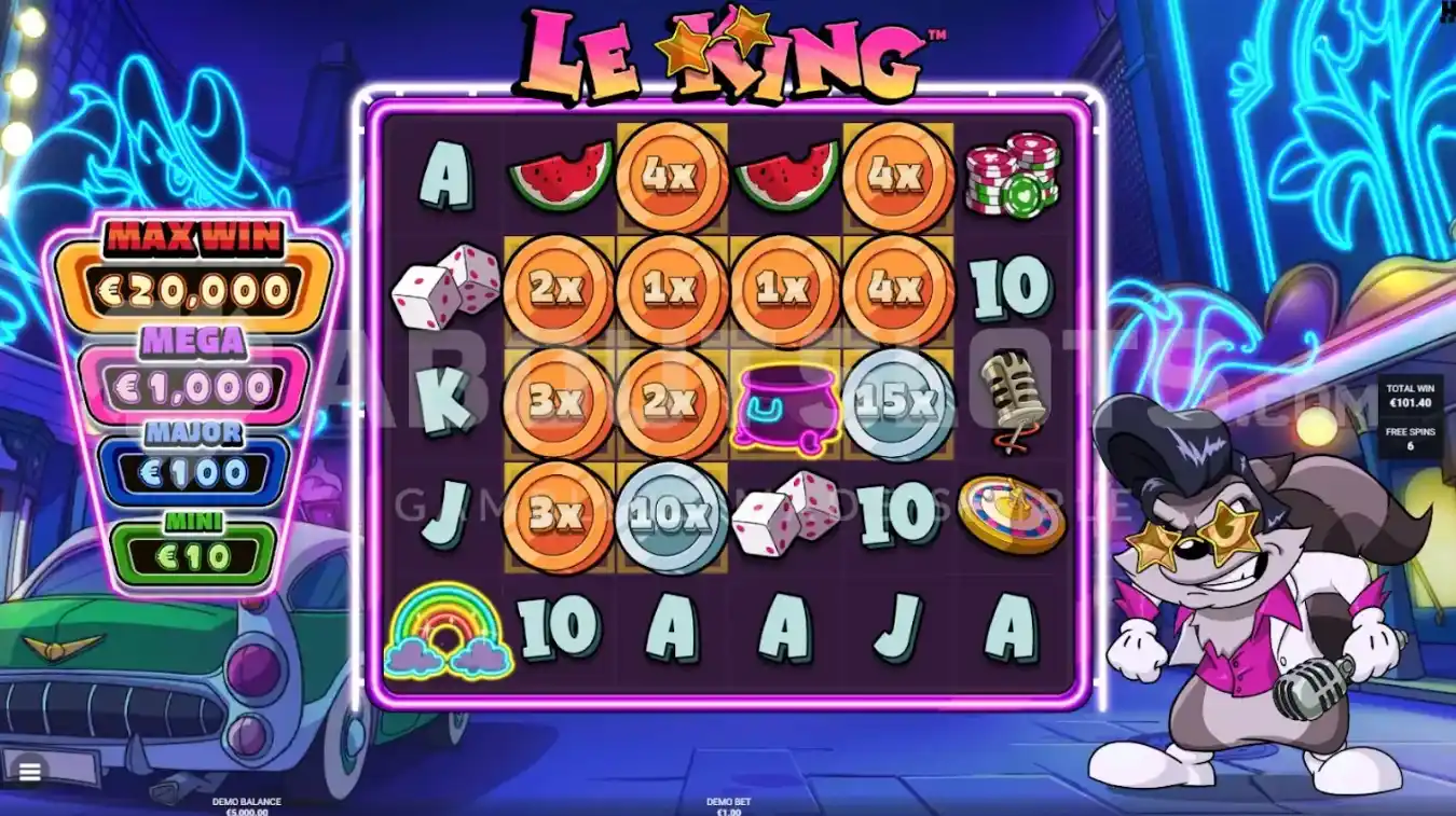 Le King slot gameplay met rollen, symbolen en wasbeerfiguur